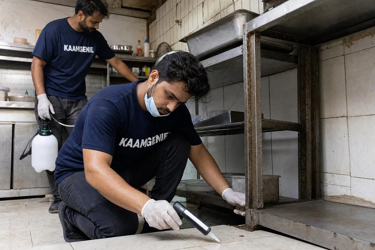 KaamGenie pest control technician treating a Jungpura property in South Delhi