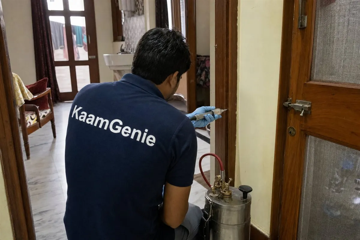 KaamGenie pest control technician treating a Kailash Nagar property in East Delhi
