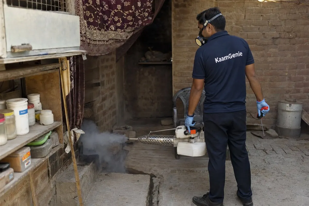 KaamGenie pest control technician treating a Kanjhawla property in North-West Delhi