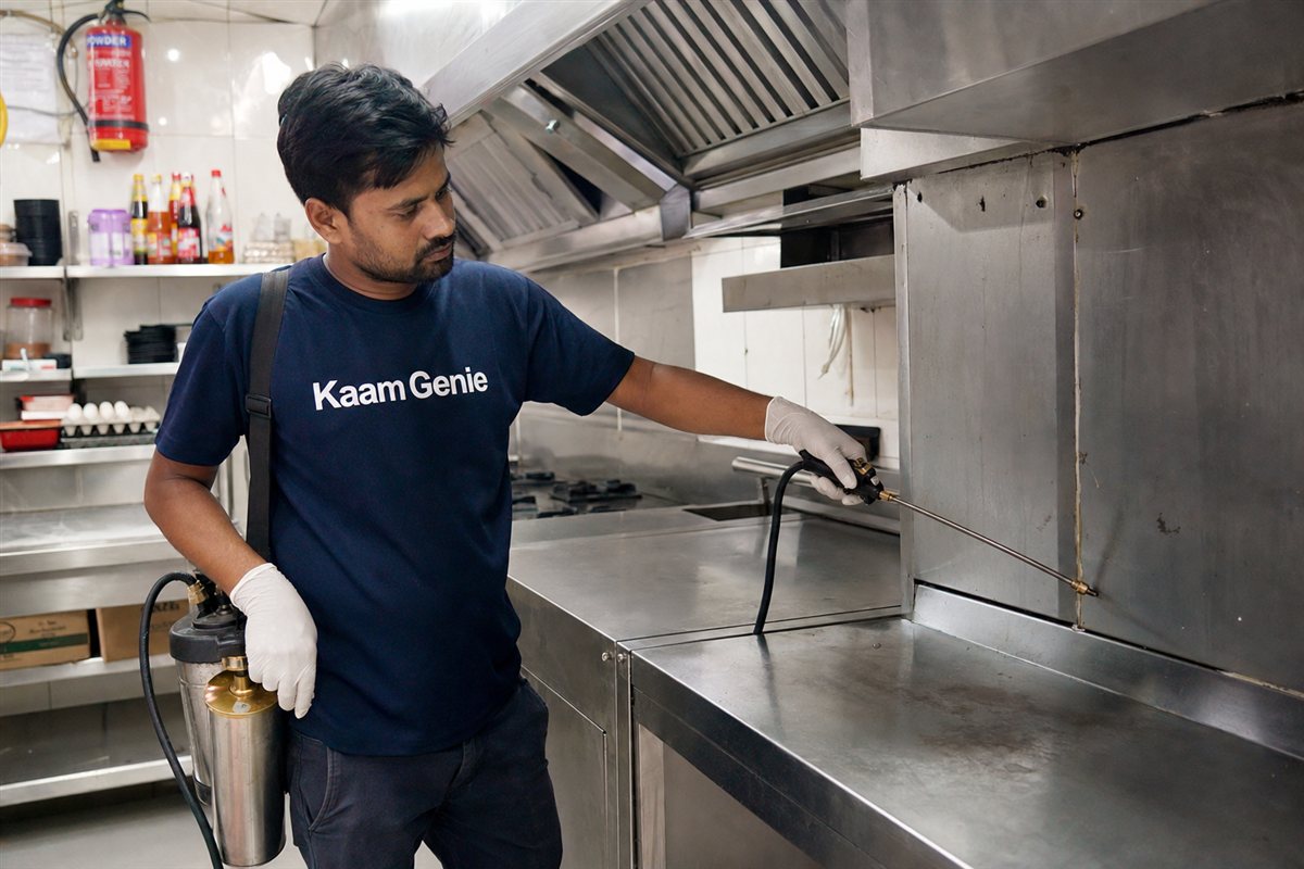 KaamGenie pest control technician treating a Karawal Nagar property in East Delhi