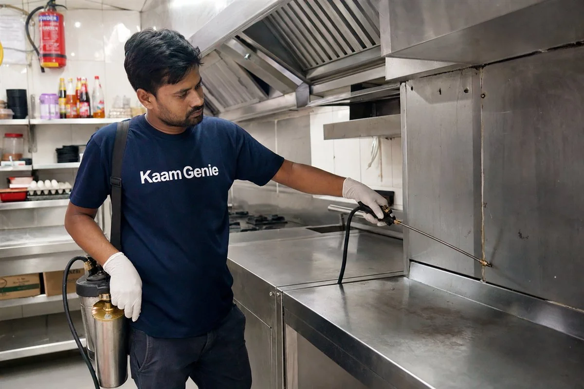 KaamGenie pest control technician treating a Karawal Nagar property in East Delhi