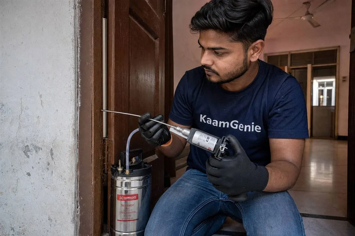 KaamGenie pest control technician treating a Kasturba Nagar property in North Delhi / Central Delhi