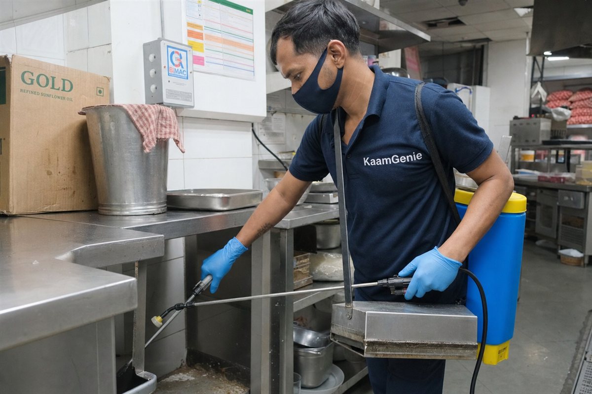 KaamGenie pest control technician treating a Katwaria Sarai property in South Delhi