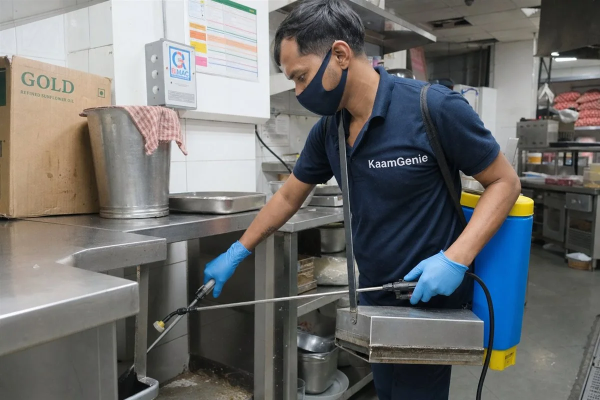 KaamGenie pest control technician treating a Katwaria Sarai property in South Delhi
