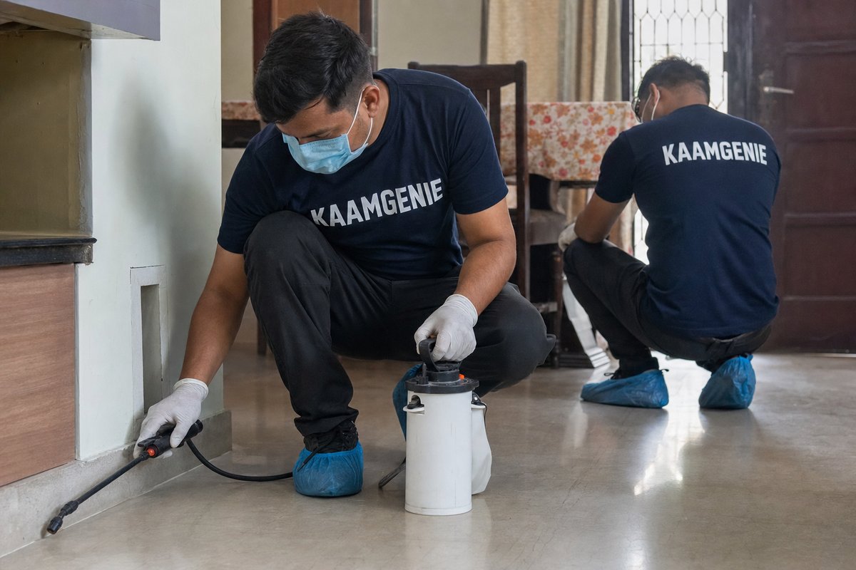 KaamGenie pest control technician treating a Khanpur property in South Delhi