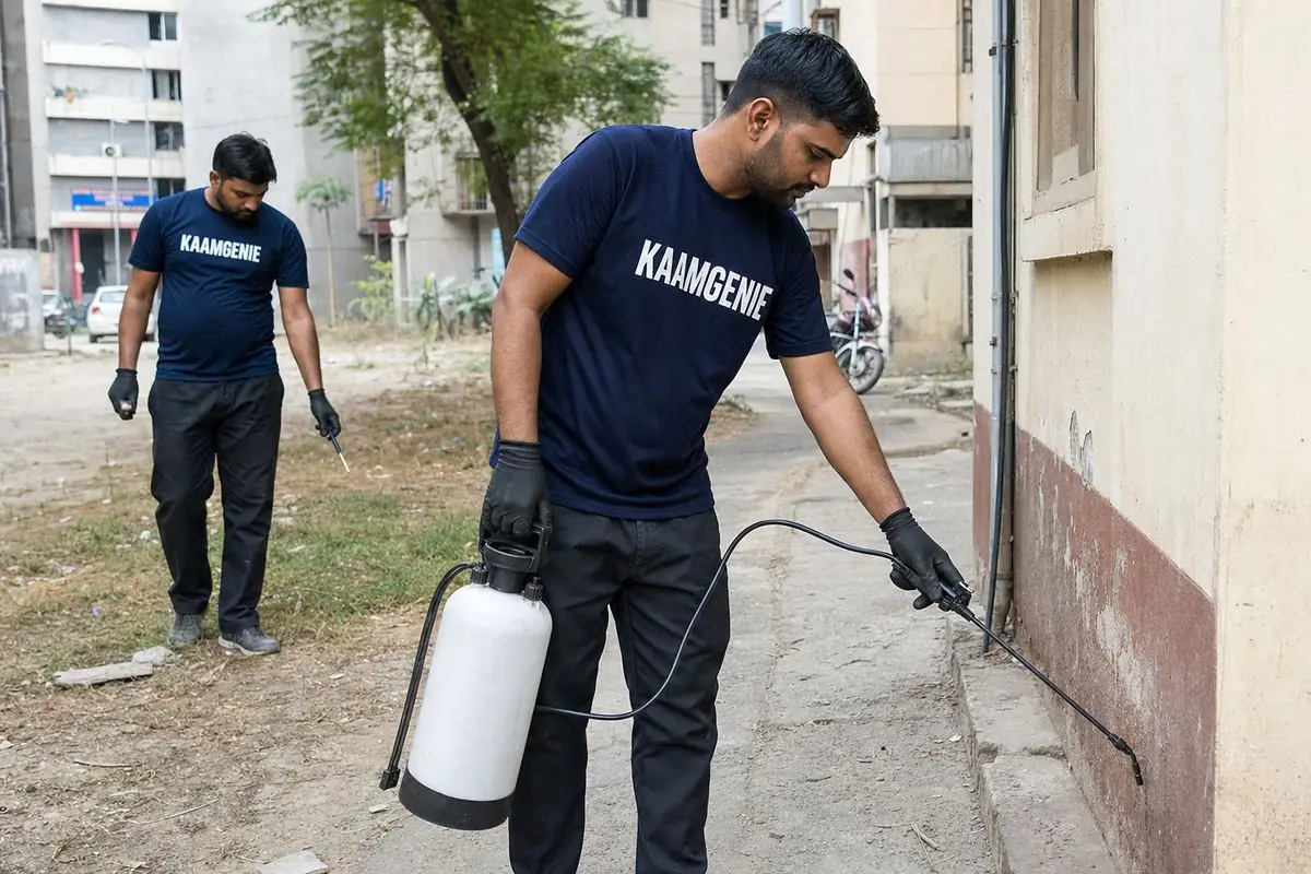 KaamGenie pest control technician treating a Khichripur property in East Delhi