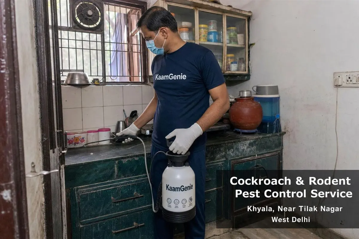 KaamGenie pest control technician treating a Khyala property in West Delhi