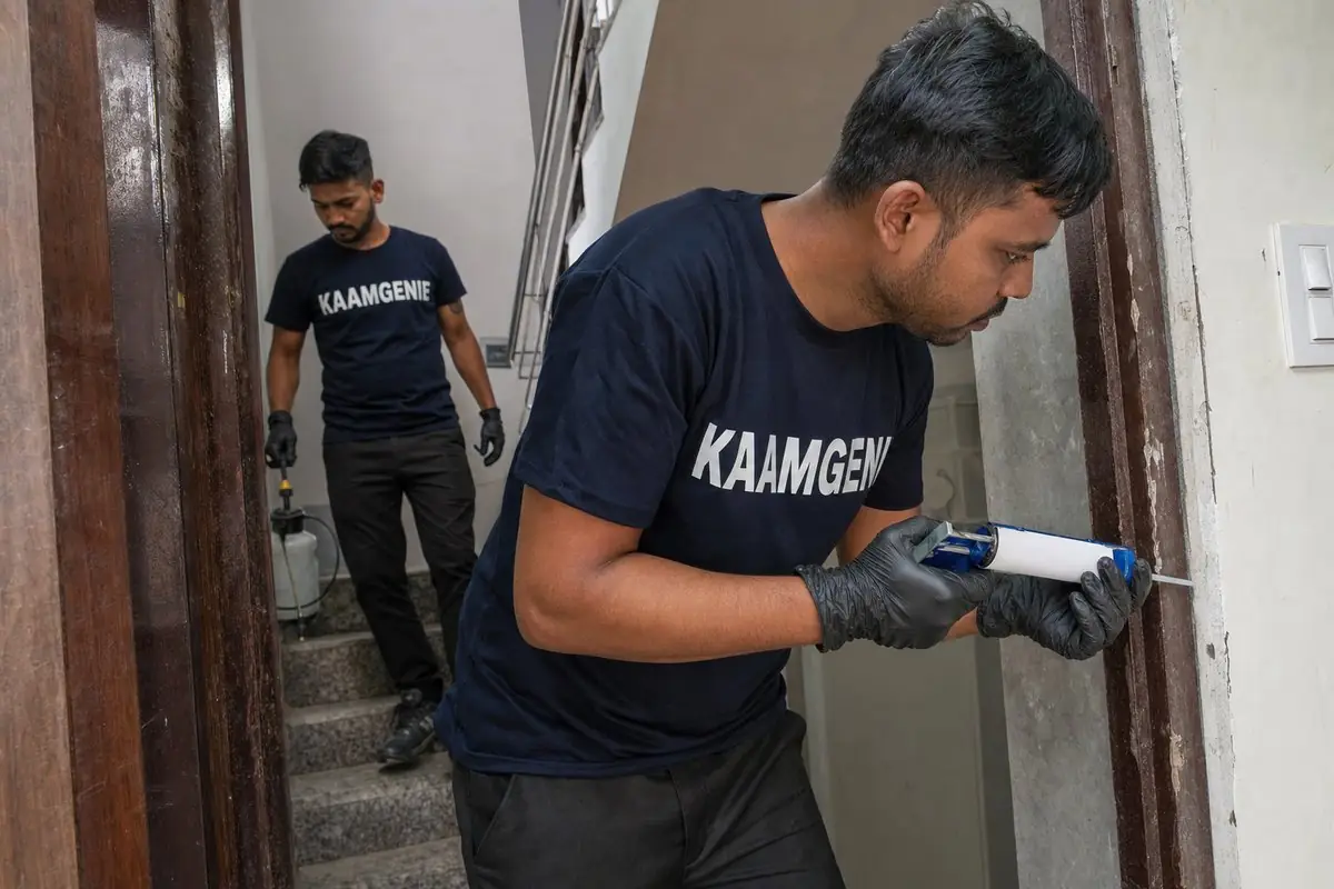 KaamGenie pest control technician treating a Kondli property in East Delhi