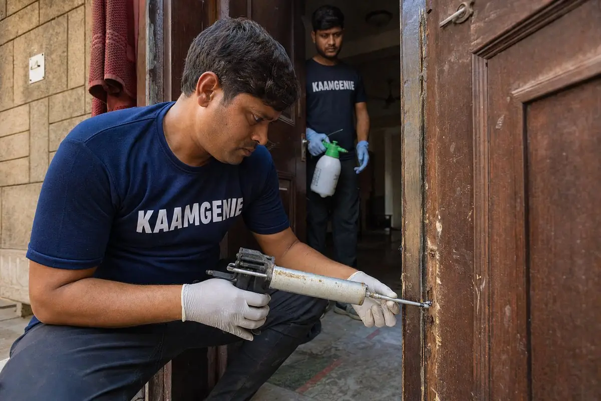 KaamGenie pest control technician treating a Kotla Mubarakpur property in South Delhi
