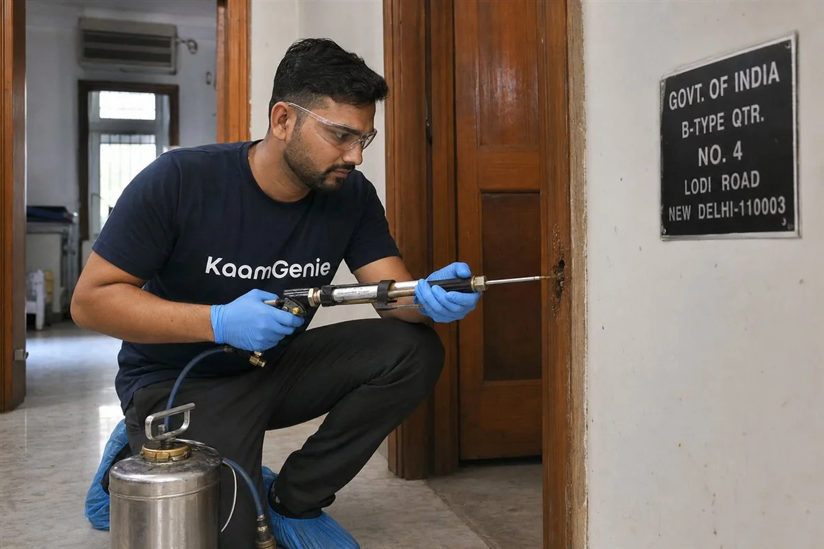 KaamGenie pest control technician treating a Lodi Road property in North Delhi / Central Delhi
