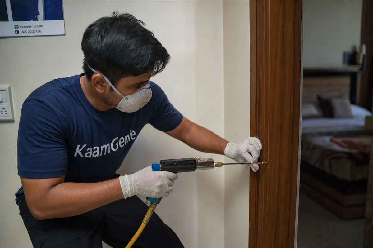 KaamGenie pest control technician treating a Madangir property in South Delhi