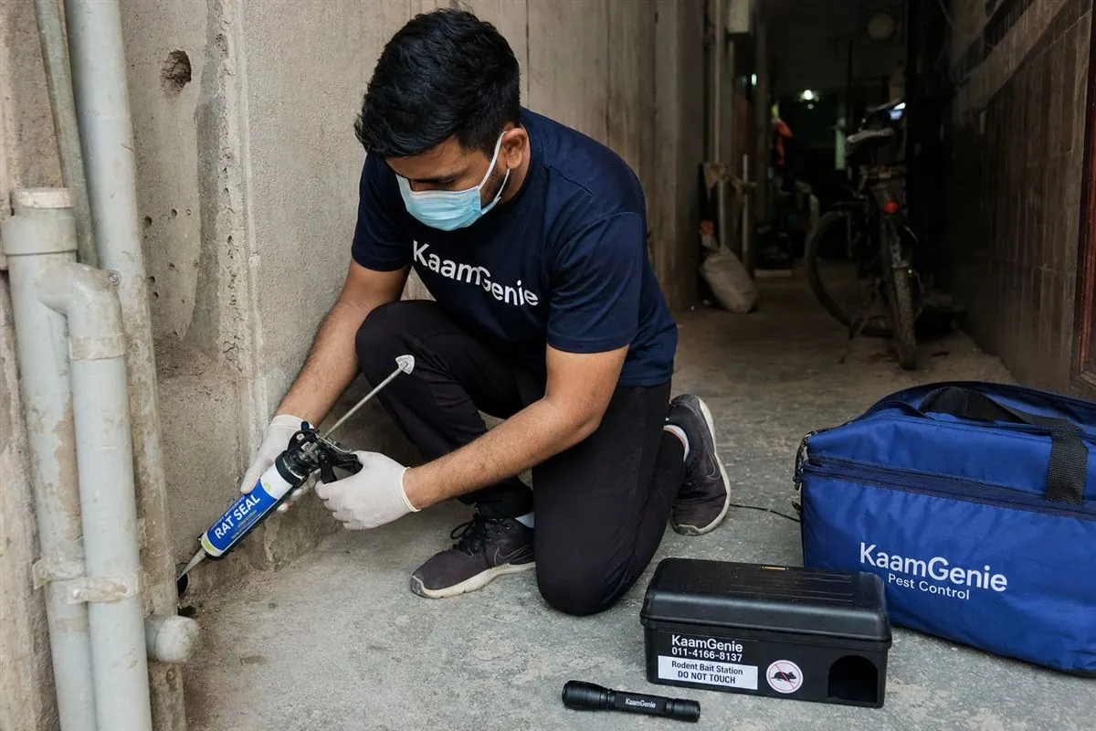 KaamGenie pest control technician treating a Madipur property in West Delhi