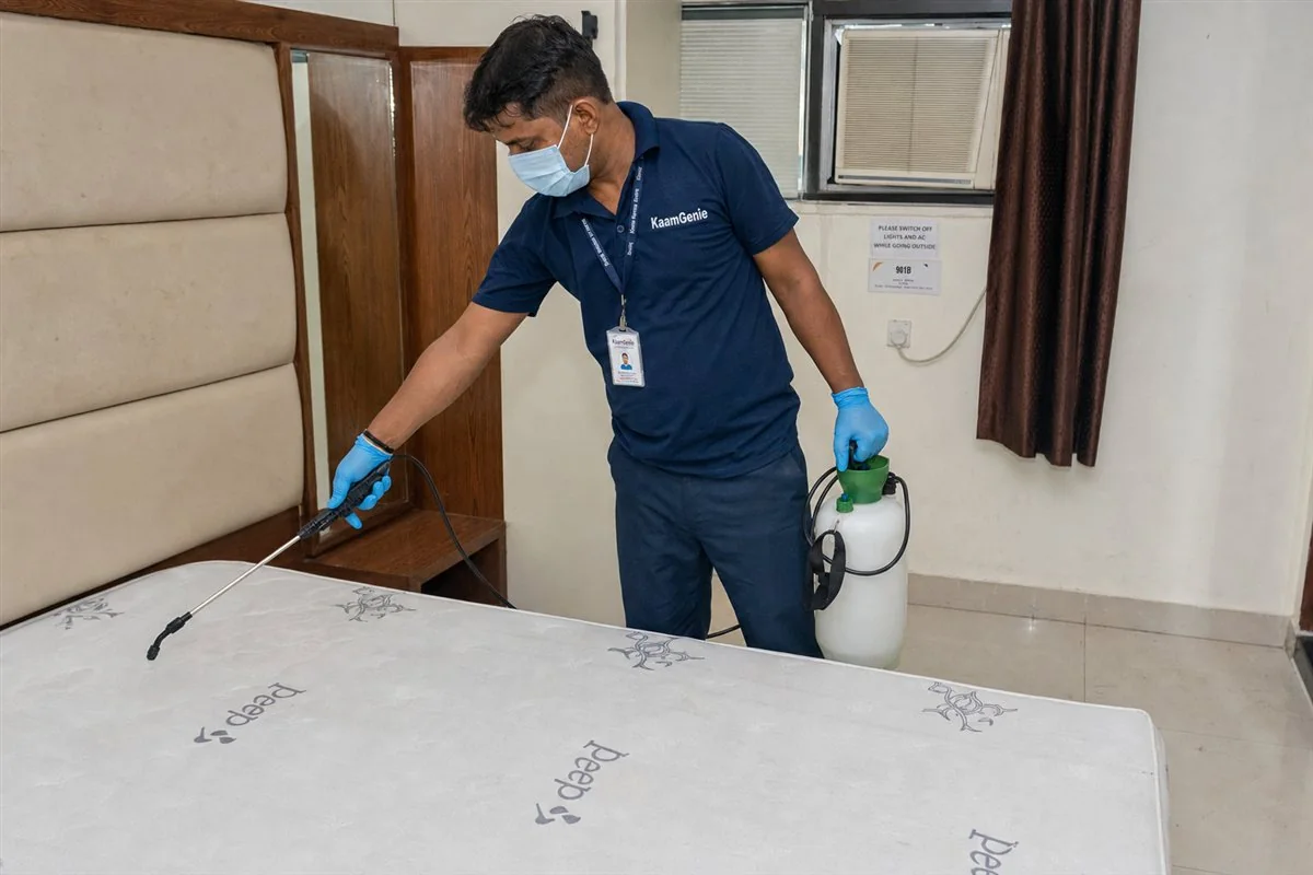 KaamGenie pest control technician treating a Mahipalpur property in South-West Delhi