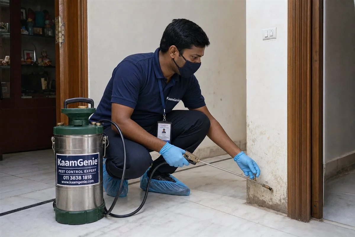 KaamGenie pest control technician treating a builder-floor home near IGNOU in Maidan Garhi, South Delhi