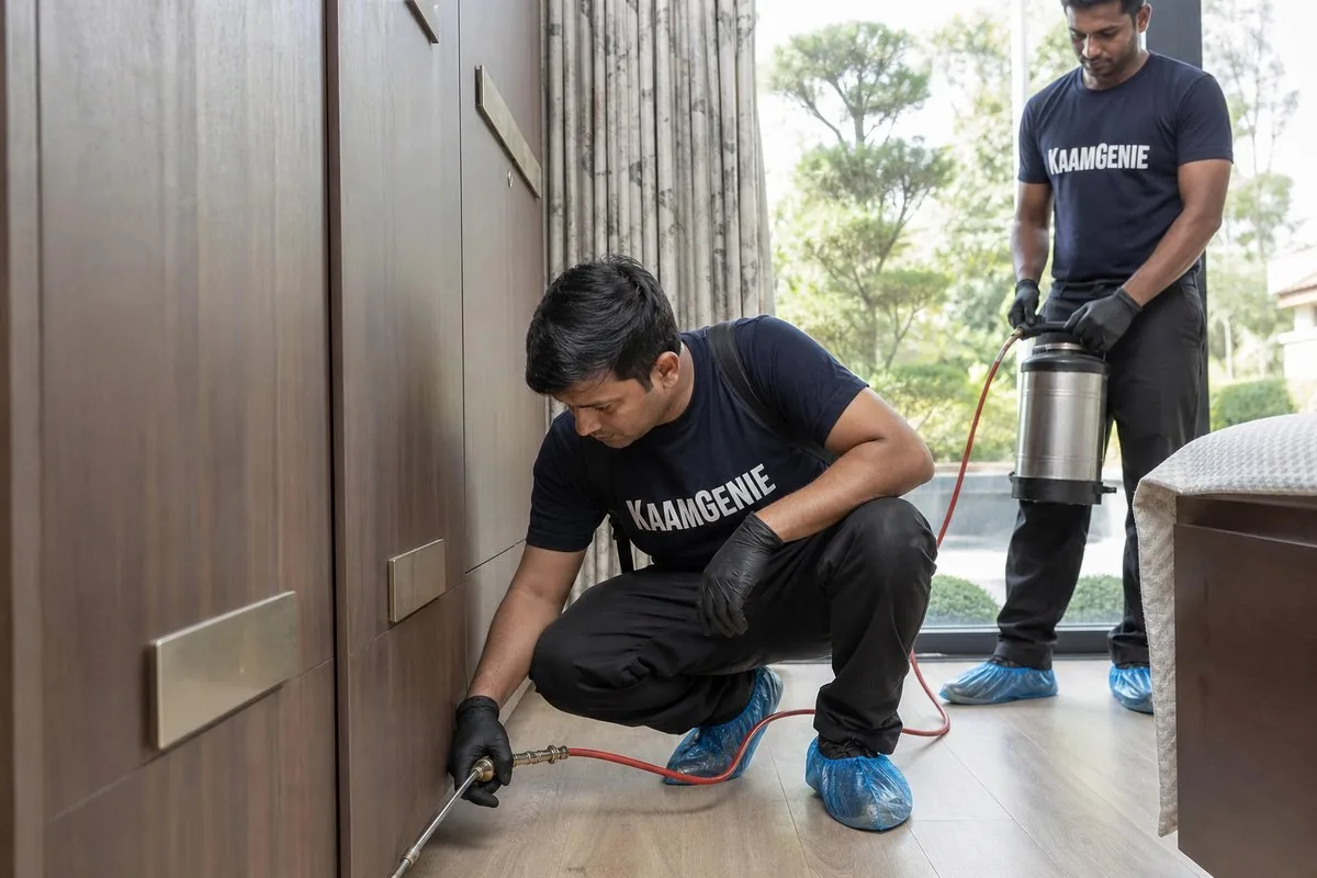 KaamGenie pest control technician treating a Malibu Towne property in Gurgaon