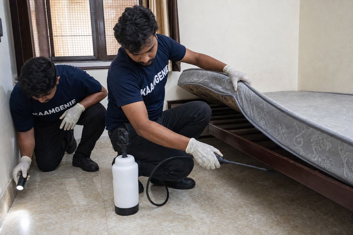 KaamGenie pest control technician treating a Malviya Nagar property in South Delhi