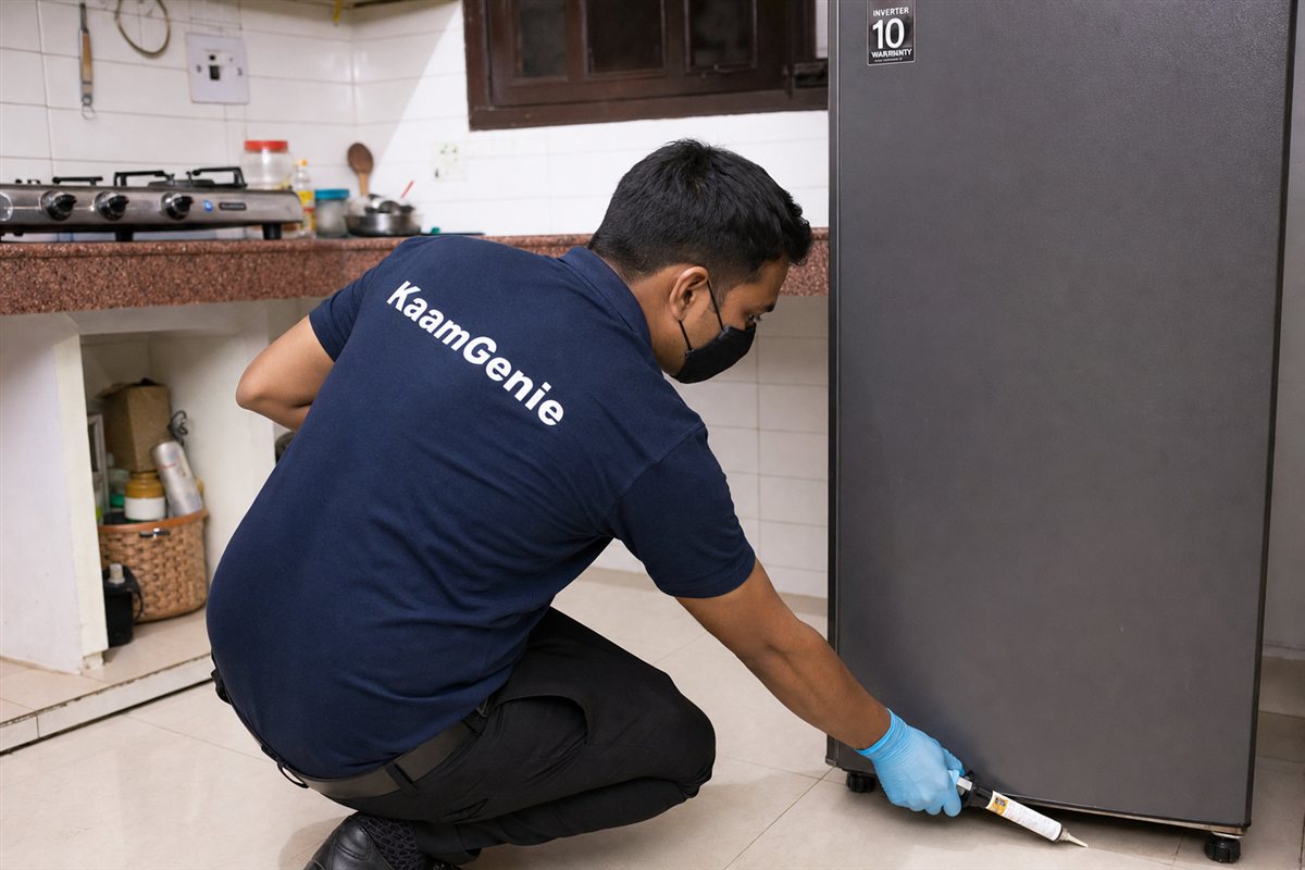 KaamGenie pest control technician treating a Mandoli Saboli property in East Delhi