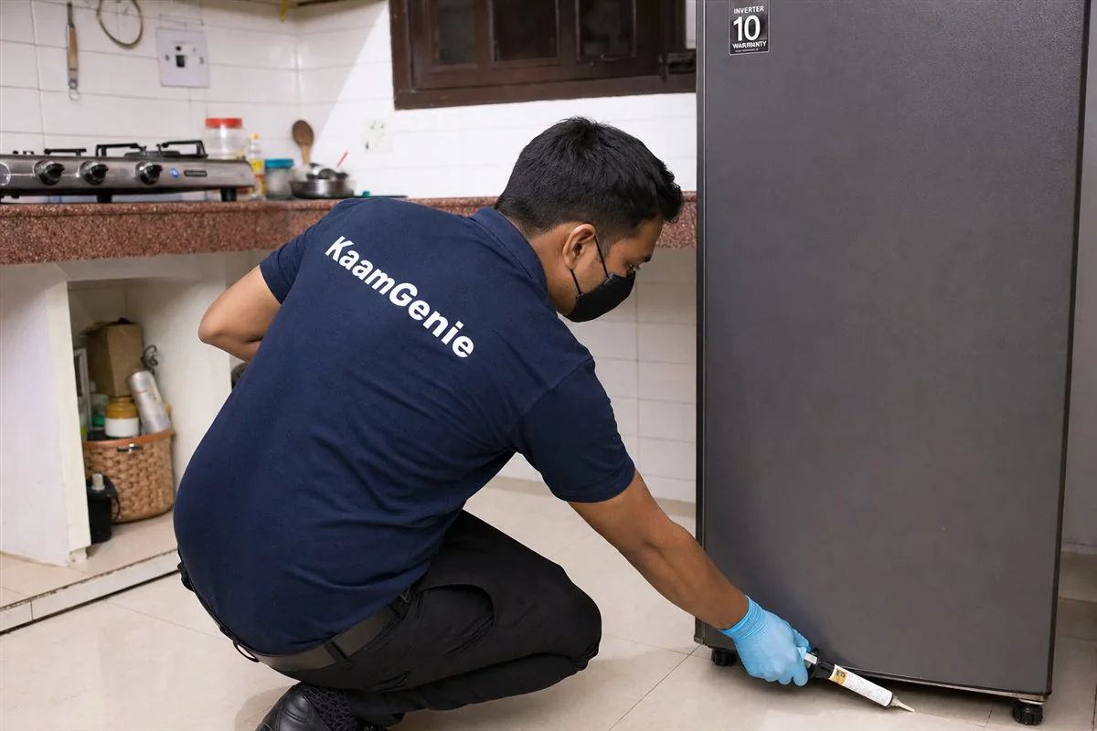 KaamGenie pest control technician treating a Mandoli Saboli property in East Delhi