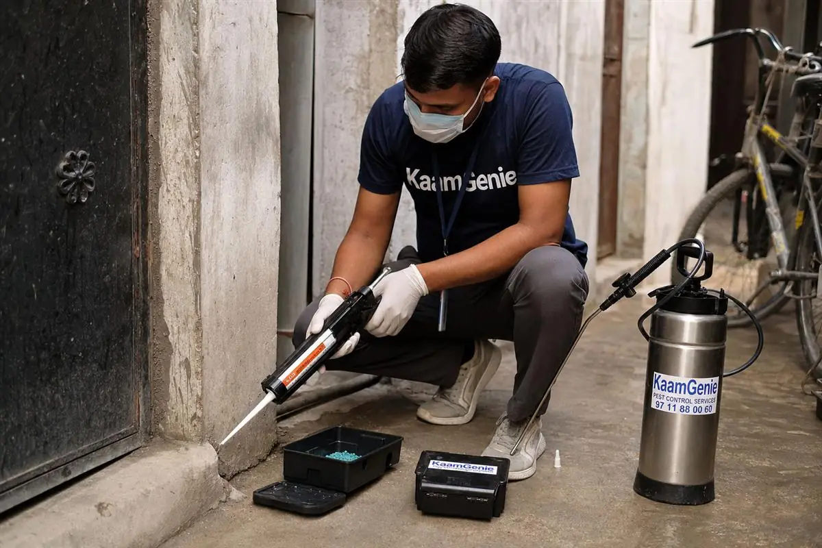 KaamGenie pest control technician treating a Mangolpuri property in North-West Delhi
