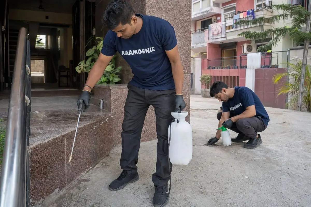 KaamGenie pest control technician treating a Masjid Moth property in South Delhi