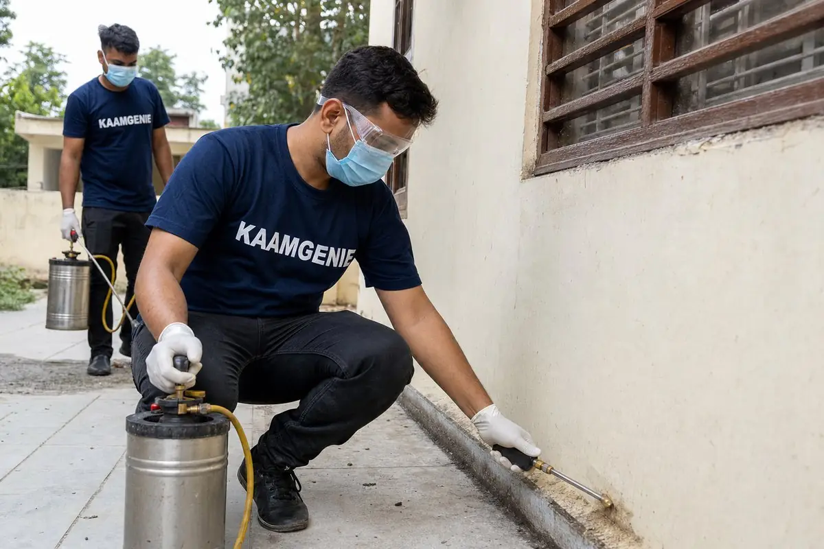 KaamGenie pest control technician treating a Masudpur property in South Delhi