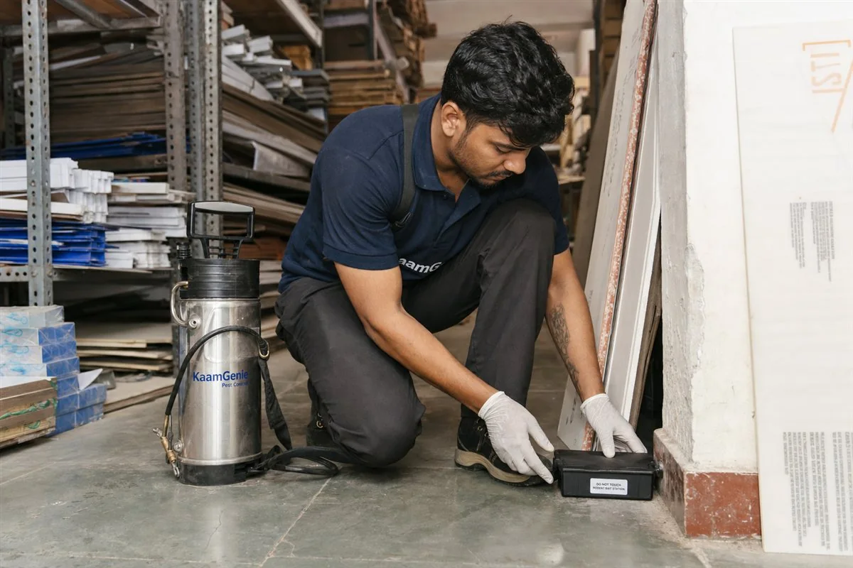 KaamGenie pest control technician treating a Mayapuri property in West Delhi
