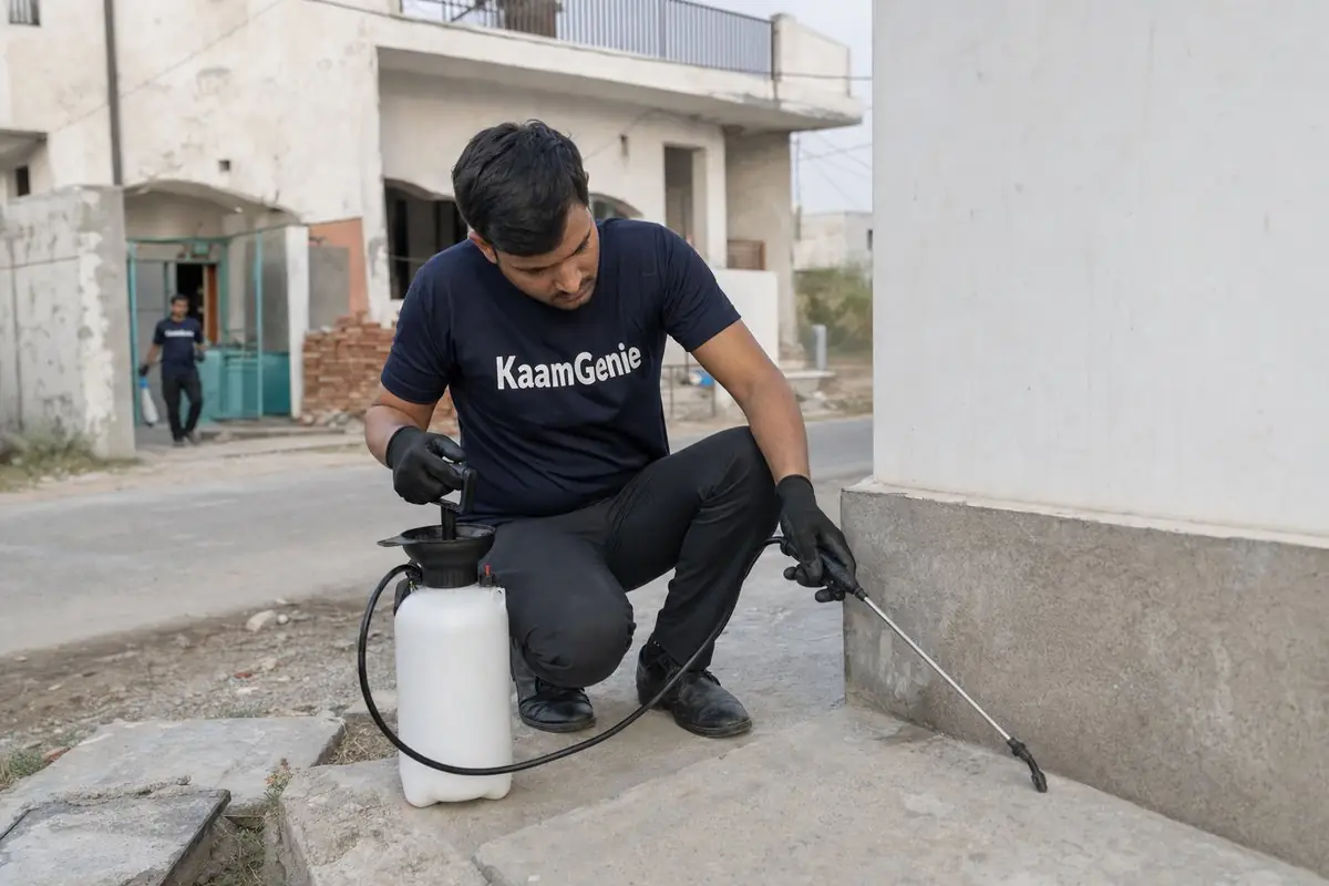 KaamGenie pest control technician treating a Meethapur property in South Delhi