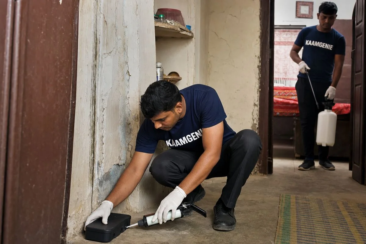 KaamGenie pest control technician treating a Mehrauli property in South Delhi