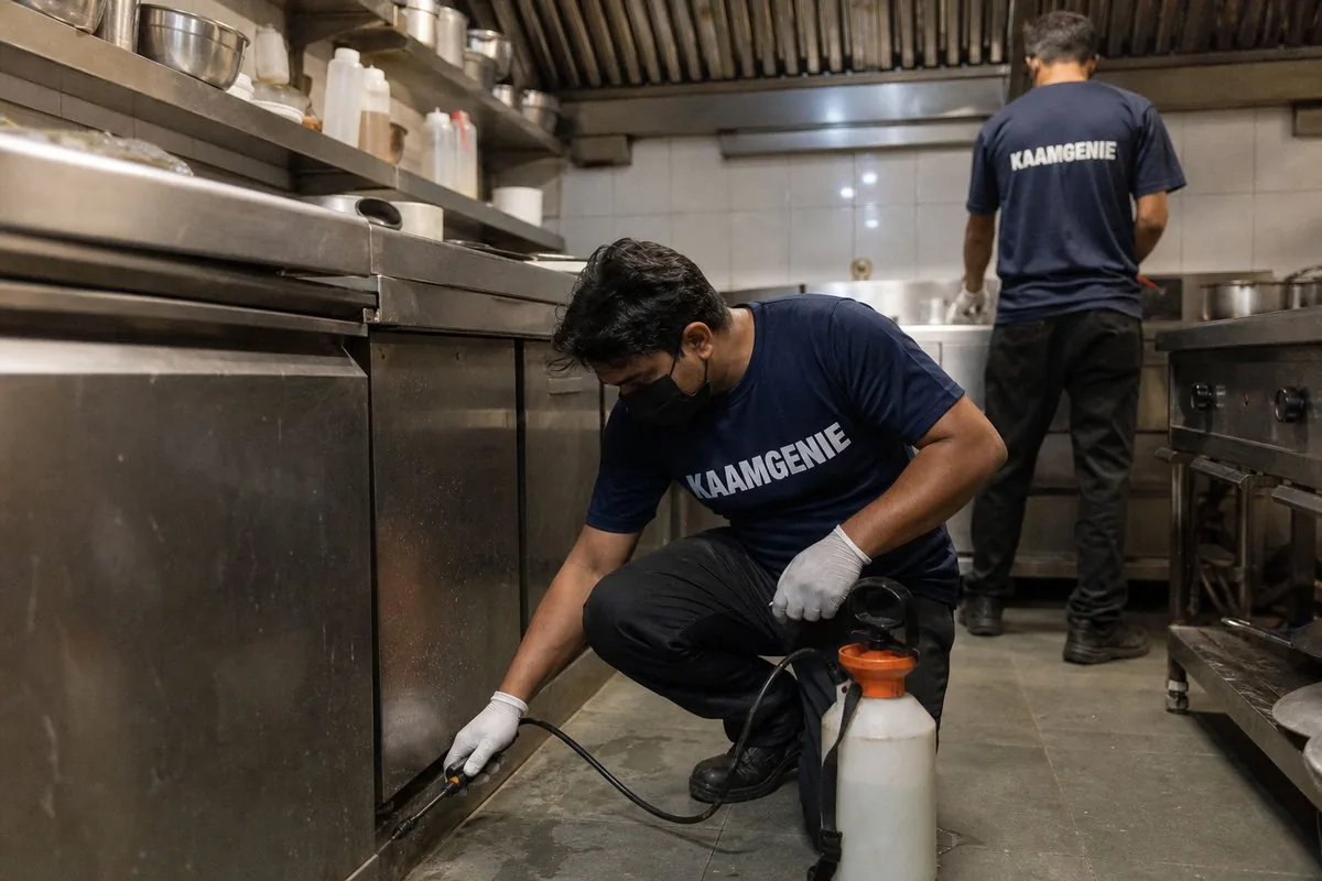KaamGenie pest control technician treating a MG Road property in Gurgaon