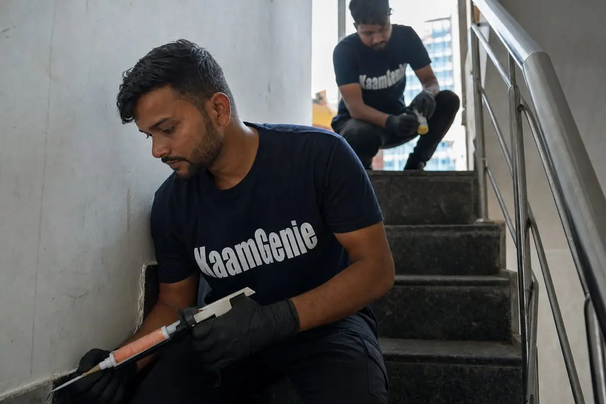 KaamGenie pest control technician treating a Mohammadpur property in South Delhi