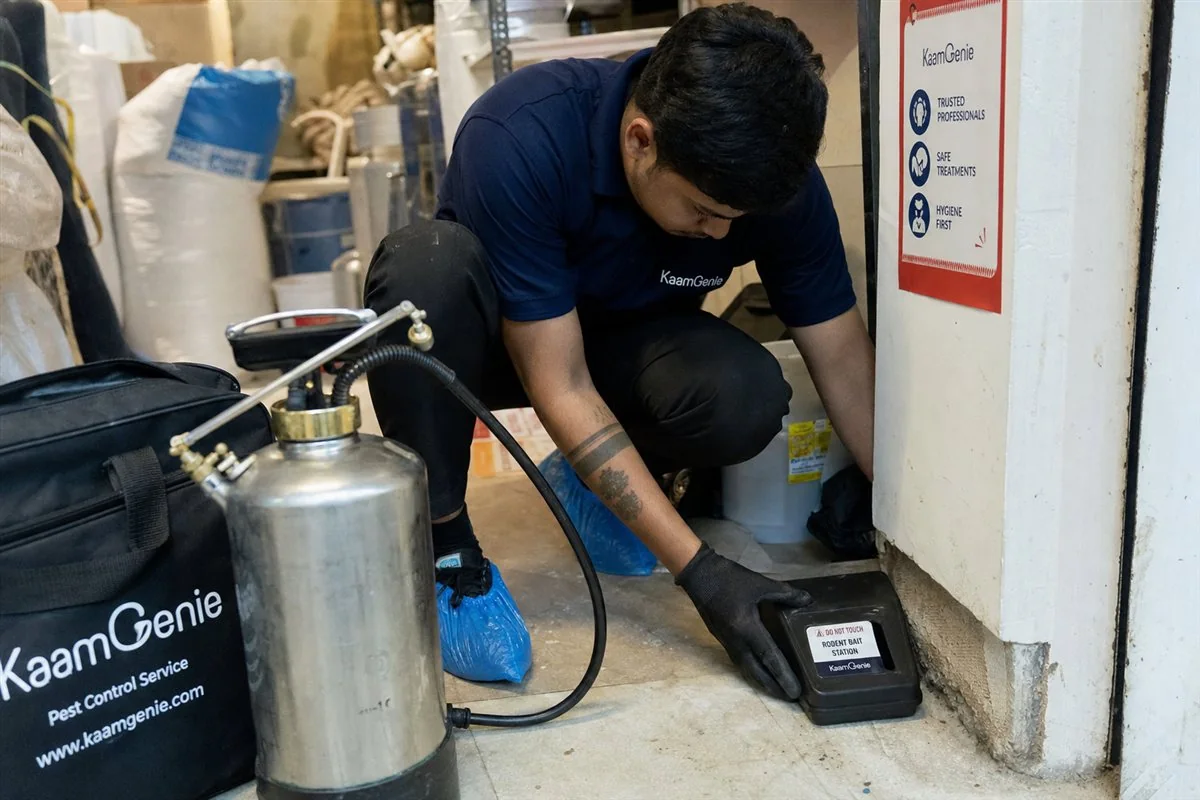 KaamGenie pest control technician treating a Moti Bagh property in South Delhi