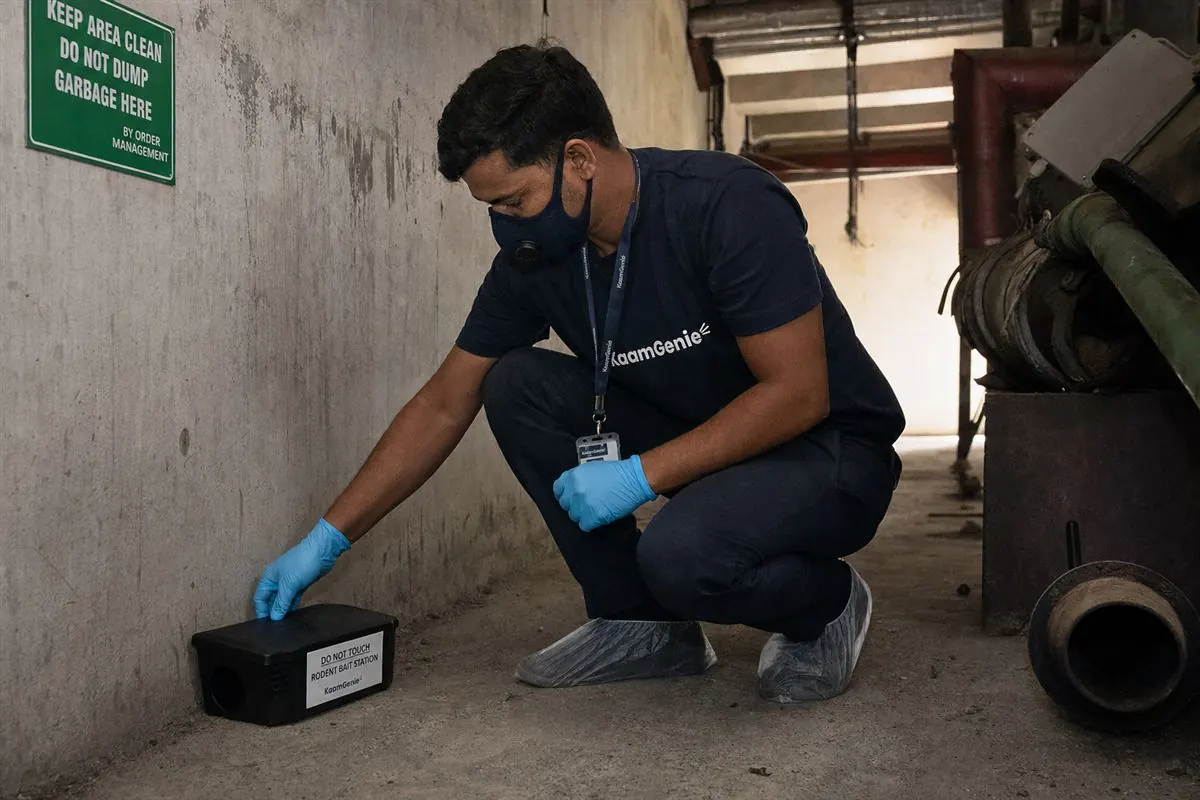 KaamGenie pest control technician treating a Moti Nagar property in West Delhi
