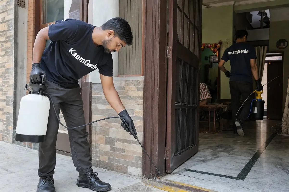 KaamGenie pest control technician treating a Mukundpur property in North & Central Delhi