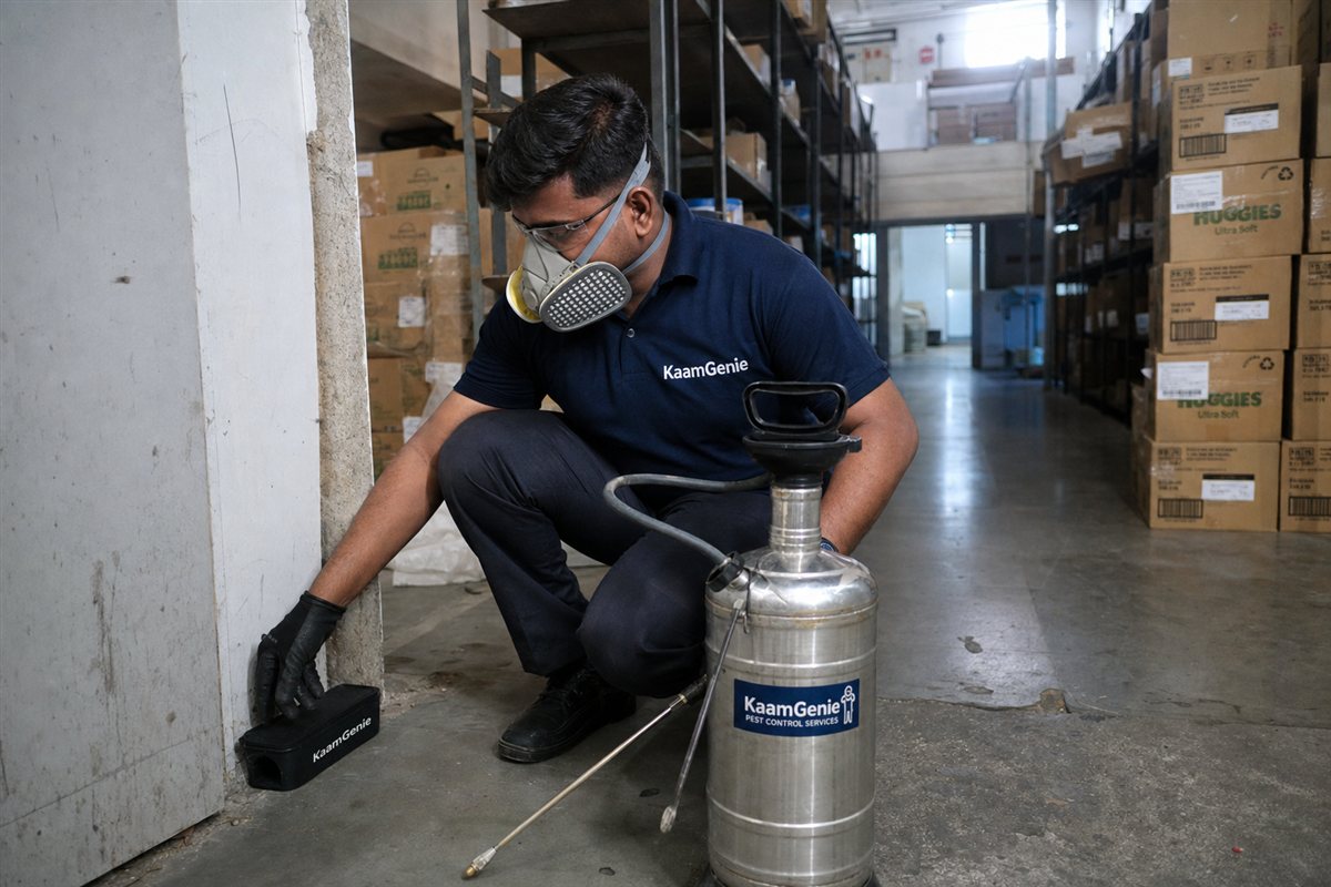 KaamGenie pest control technician treating a Mundka property in West Delhi