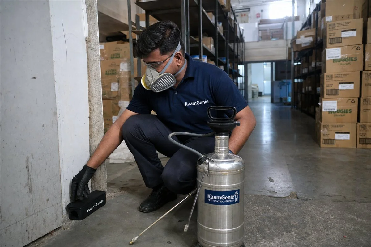 KaamGenie pest control technician treating a Mundka property in West Delhi