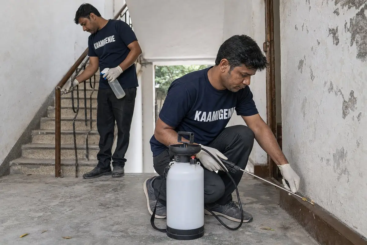 KaamGenie pest control technician treating a Nanakpura property in North & Central Delhi