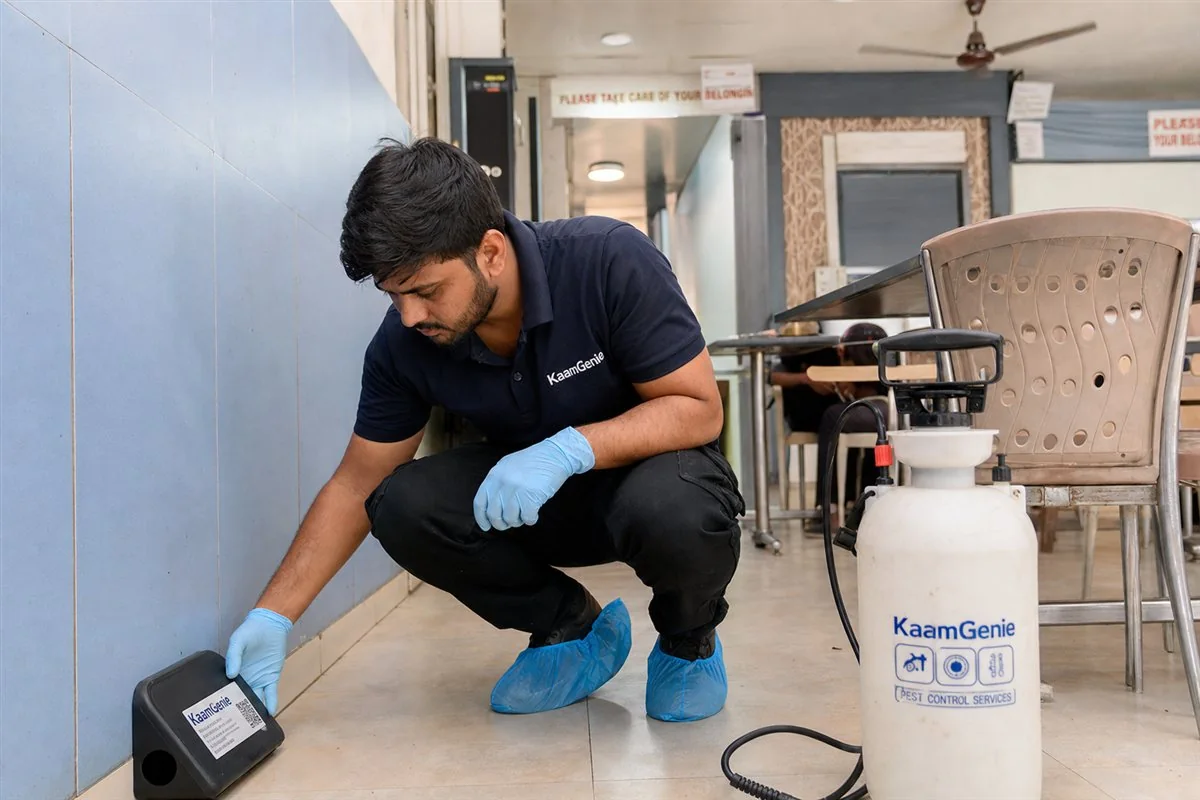 KaamGenie pest control technician treating a Naraina property in West Delhi