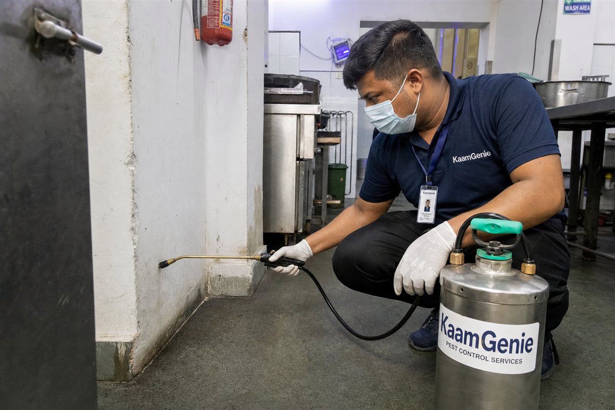 KaamGenie pest control technician treating a Narela property in North-West Delhi