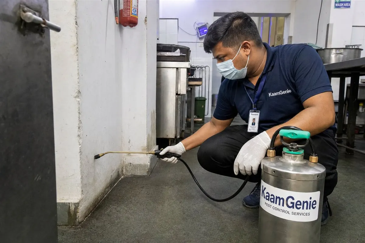 KaamGenie pest control technician treating a Narela property in North-West Delhi