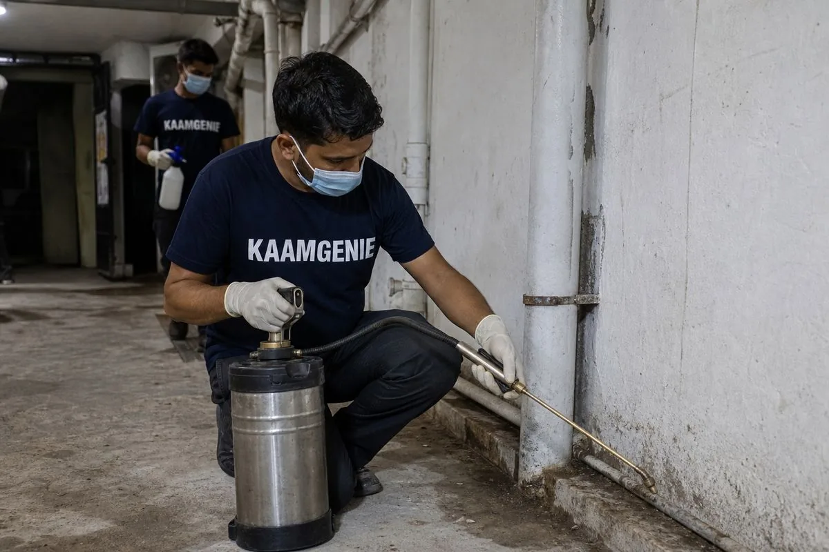 KaamGenie pest control technician treating a Navjeevan Vihar property in South Delhi