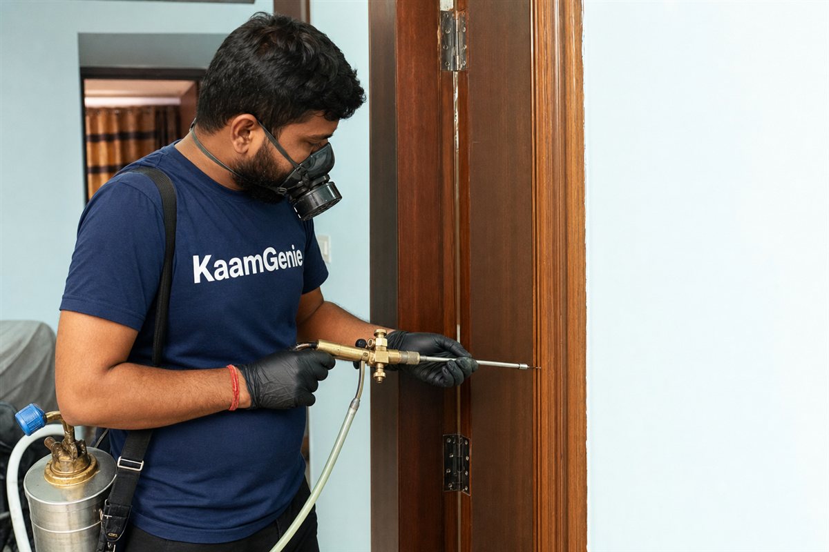 KaamGenie pest control technician treating a Nawada property in West Delhi