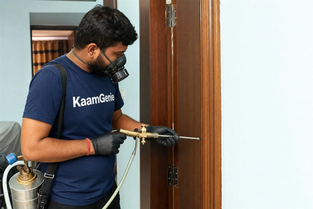 KaamGenie pest control technician treating a Nawada property in West Delhi