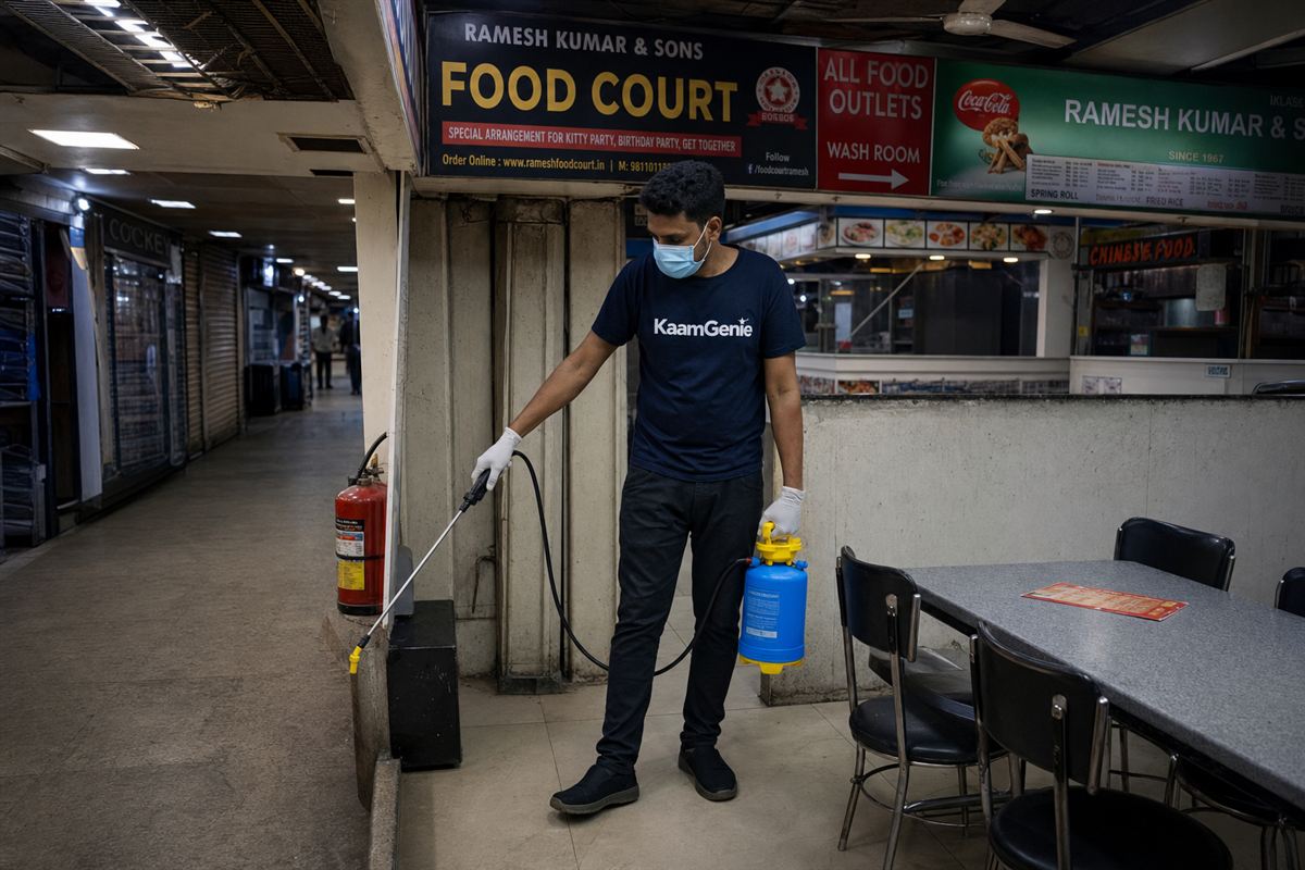 KaamGenie pest control technician carrying out a commercial rodent and cockroach treatment in a computer-market basement and food court at Nehru Place, South Delhi