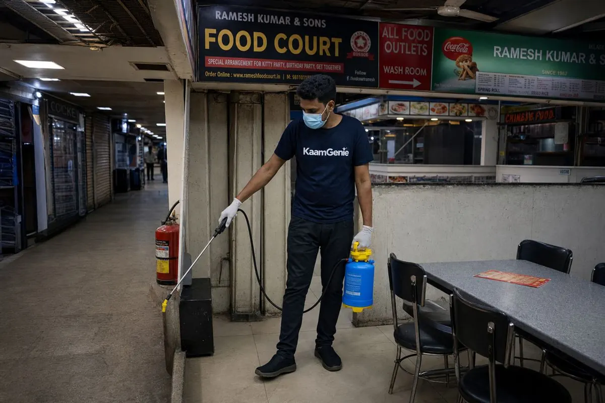 KaamGenie pest control technician carrying out a commercial rodent and cockroach treatment in a computer-market basement and food court at Nehru Place, South Delhi