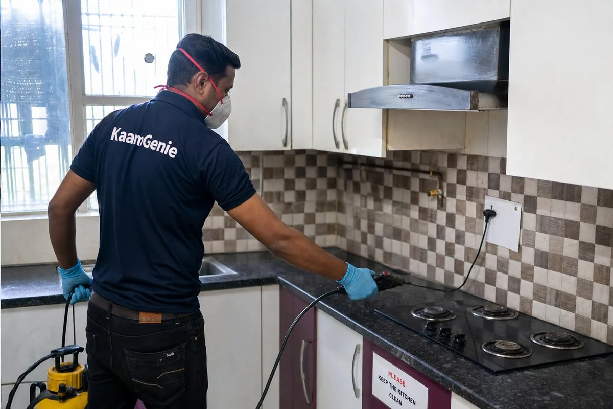KaamGenie pest control technician treating a Nimri Colony property in North Delhi / Central Delhi