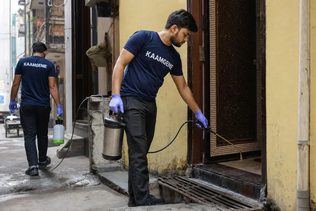 KaamGenie pest control technician treating a Noor Nagar property in South Delhi