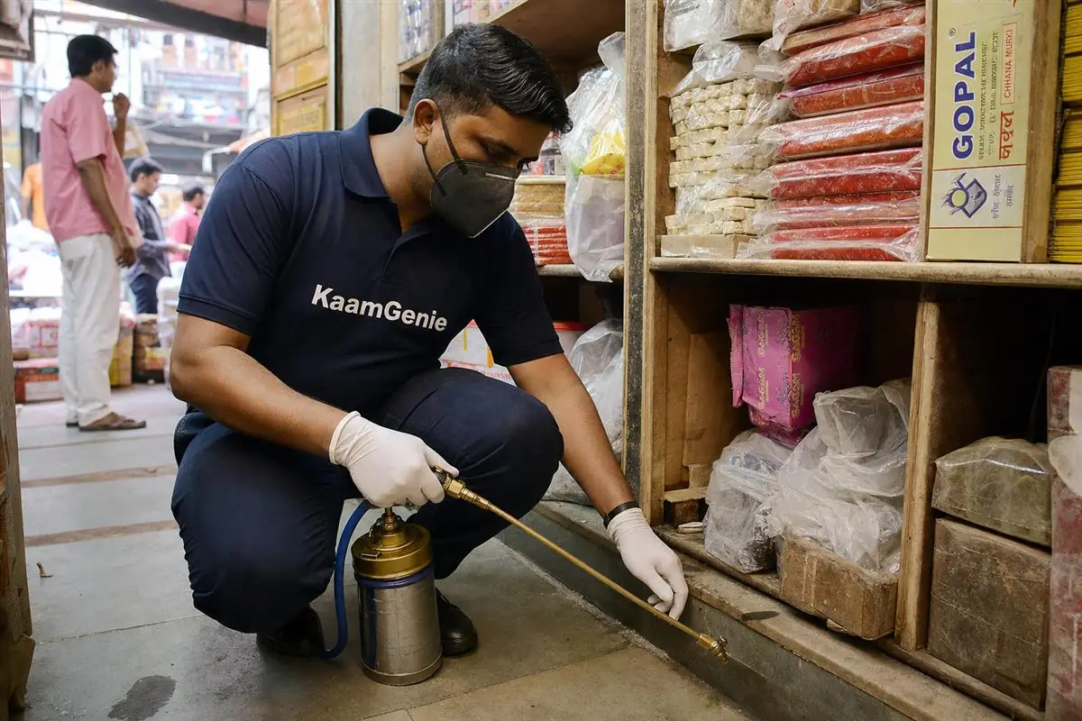 KaamGenie pest control technician treating an Old Delhi market shop in North & Central Delhi with pet-safe equipment