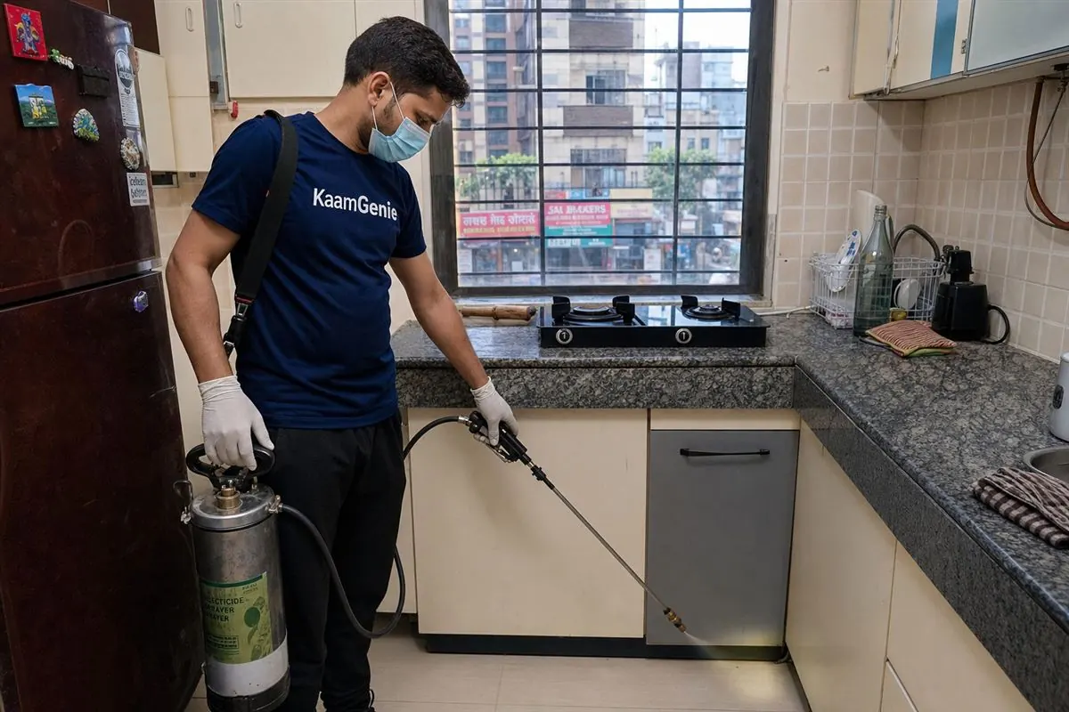 KaamGenie pest control technician treating a Rohini sector flat in North-West Delhi with pet-safe equipment
