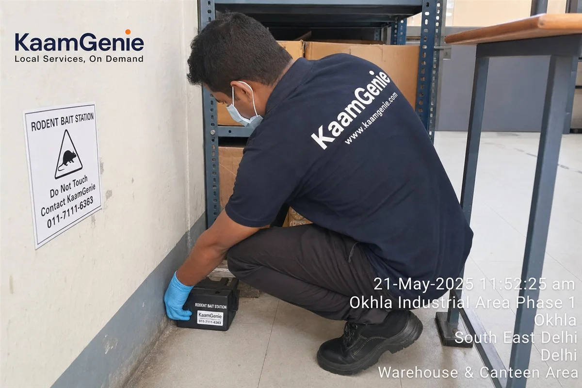 KaamGenie pest control technician setting tamper-proof rodent bait stations in a warehouse at Okhla Phase 1 industrial area, South-East Delhi
