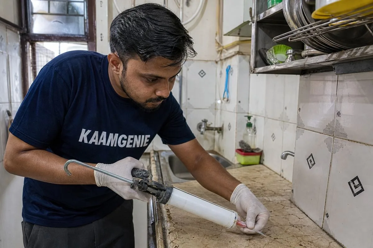 KaamGenie pest control technician treating a Okhla Vihar property in South Delhi